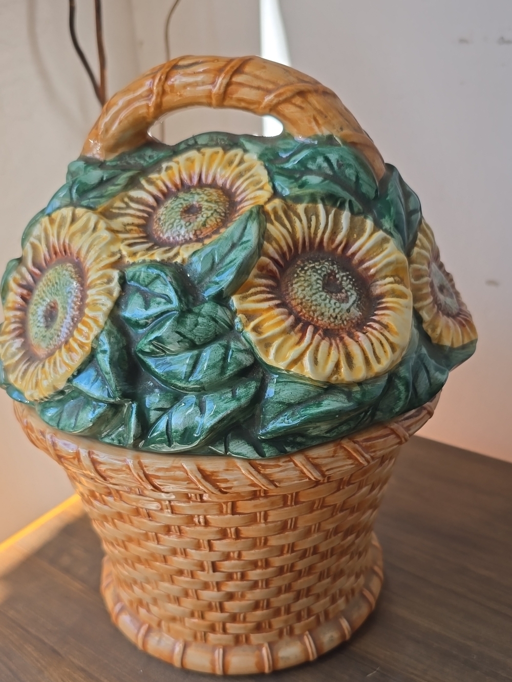 Vintage Hand-Painted Sunflower Basket Ceramic Home Art - Cookie Jar